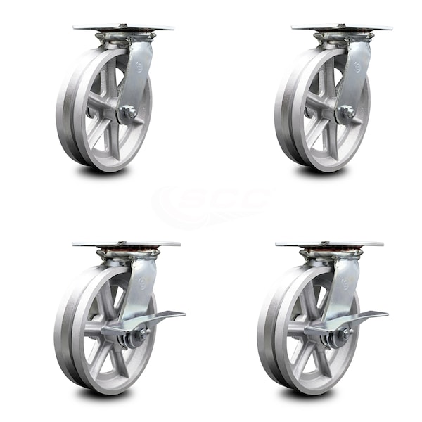 Service Caster 8 Inch V Groove Semi Steel Swivel Caster Set with Roller Bearings 2 Brakes SCC SCC-35S820-VGR-2-SLB-2 - main